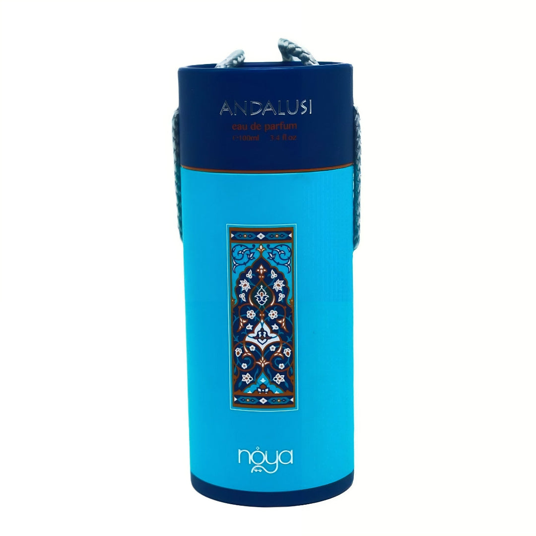 Zimaya Andalusi Blue by Zimaya 100ml EDP Men — Cylindrical blue and navy blue gift box with intricate Arabic-inspired pattern and gold accents, featuring the brand name 'ANDALUSI' and 'naya' logo.