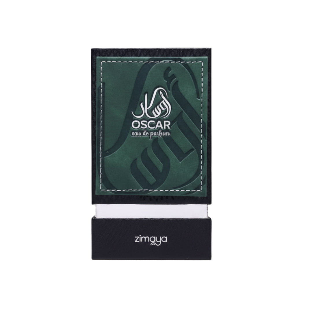 Zimaya Oscar by Zimaya 100ml EDP Men — A dark green textured box with white stitching, featuring the OSCAR logo and "eau de parfum" text. The bottom section is a black box with the "zimaya" logo.