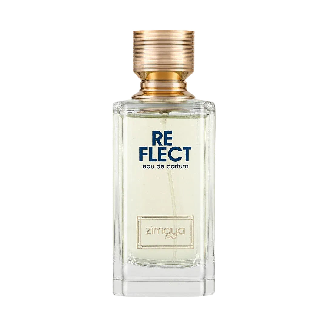 Zimaya Reflect by Zimaya 100ml EDP Unisex — Clear glass perfume bottle with gold ribbed cap, light yellow liquid, and blue 'REFLECT' text on the label.