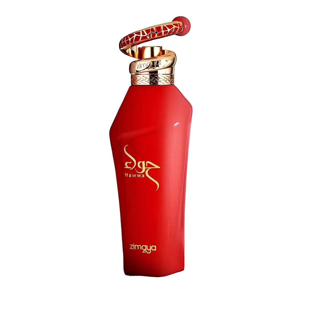 Zimaya Hawwa Red by Zimaya 100ml EDP Women — Red perfume bottle with gold accents and a coiled snake-like cap with red details, isolated on white.