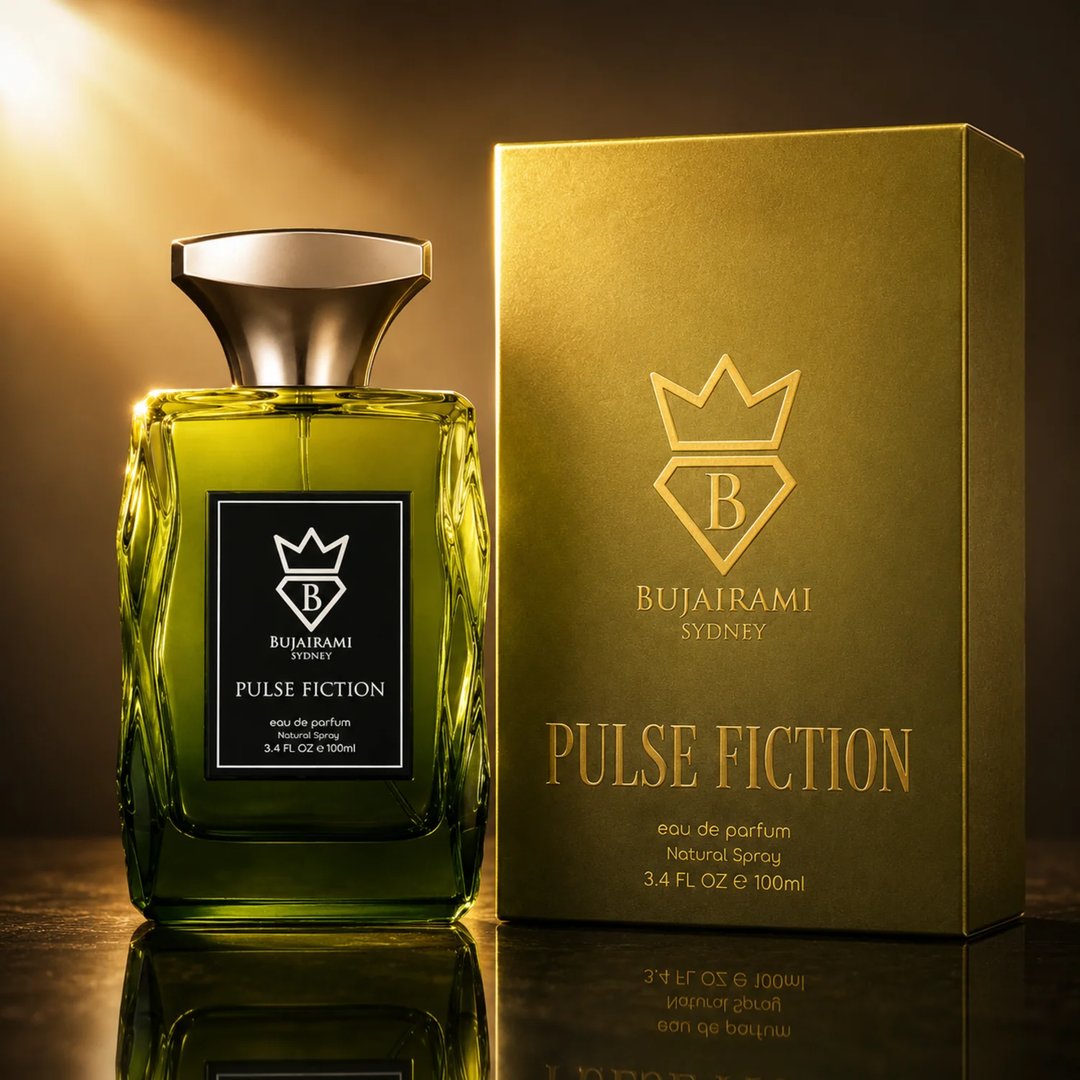 Bujairami Pulse Fiction — Green glass perfume bottle with gold cap next to a gold box, both featuring the Bujairami logo and product name.