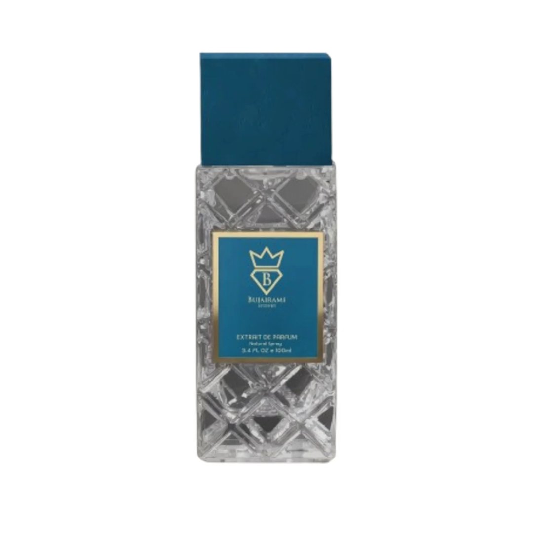 Bujairami Real Deal Fresh Citrus Musk 100ml Extrait — Clear faceted glass bottle with a dark blue cap and a blue label featuring a gold crown logo and text.