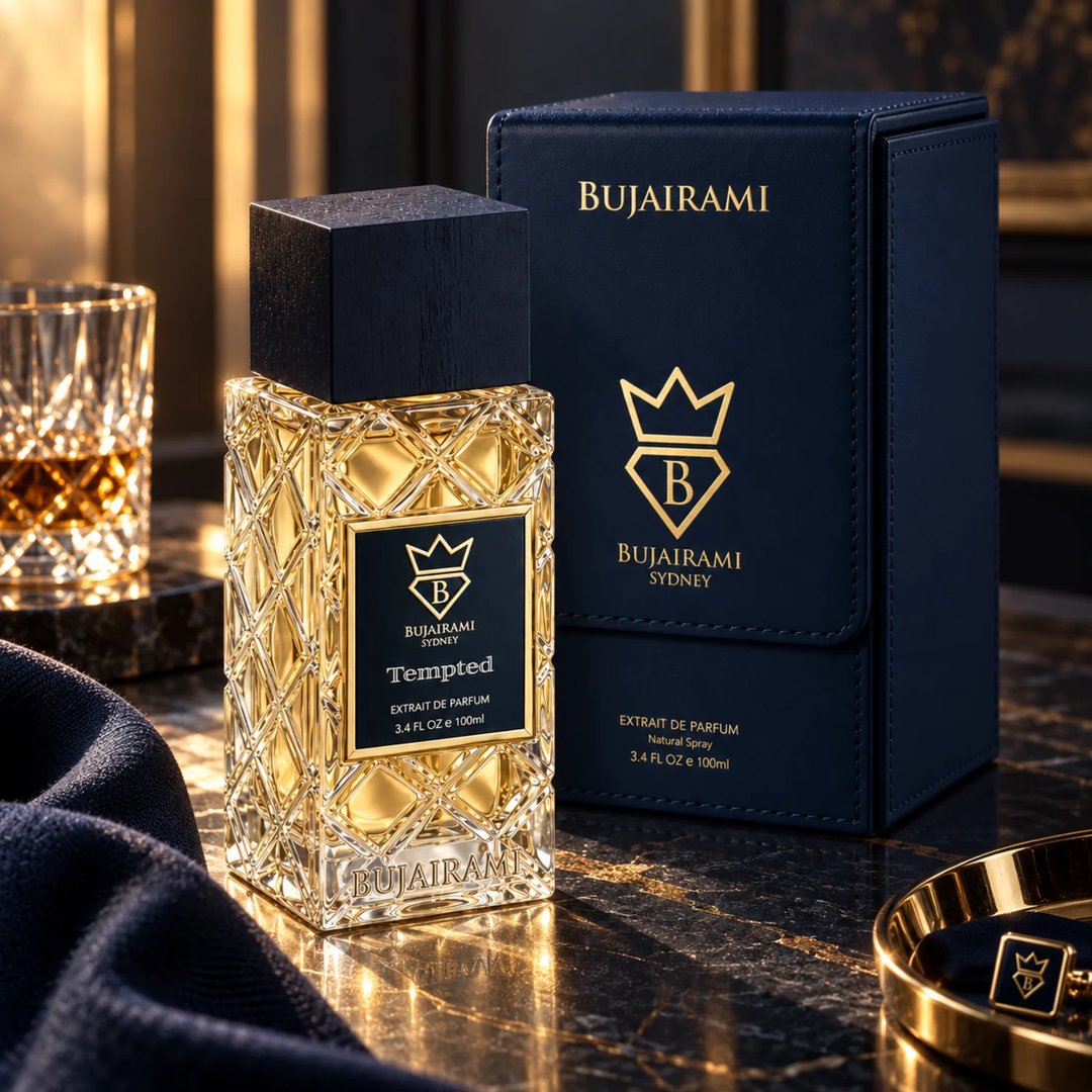Bujairami Tempted by Bujairami 100ml Extrait Unisex — Gold-toned faceted glass perfume bottle with a dark textured cap, featuring a black label with gold crown and text.