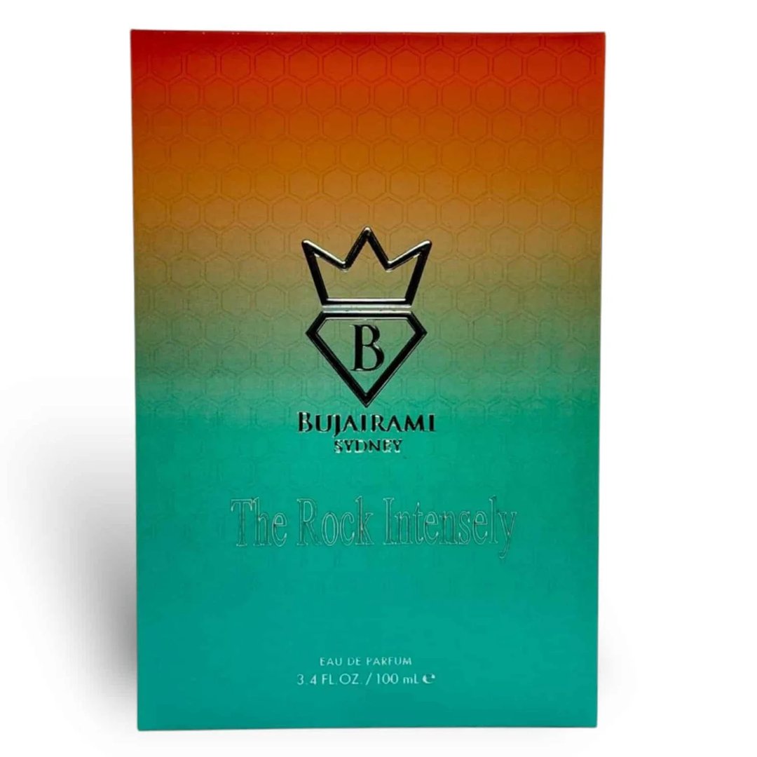 Bujairami The Rock Intensely by Bujairami 100ml EDP — A rectangular perfume box with a gradient of orange to teal, featuring a metallic crown logo with the letter 'B' inside a diamond, and the text 'The Rock Intensely' embossed.