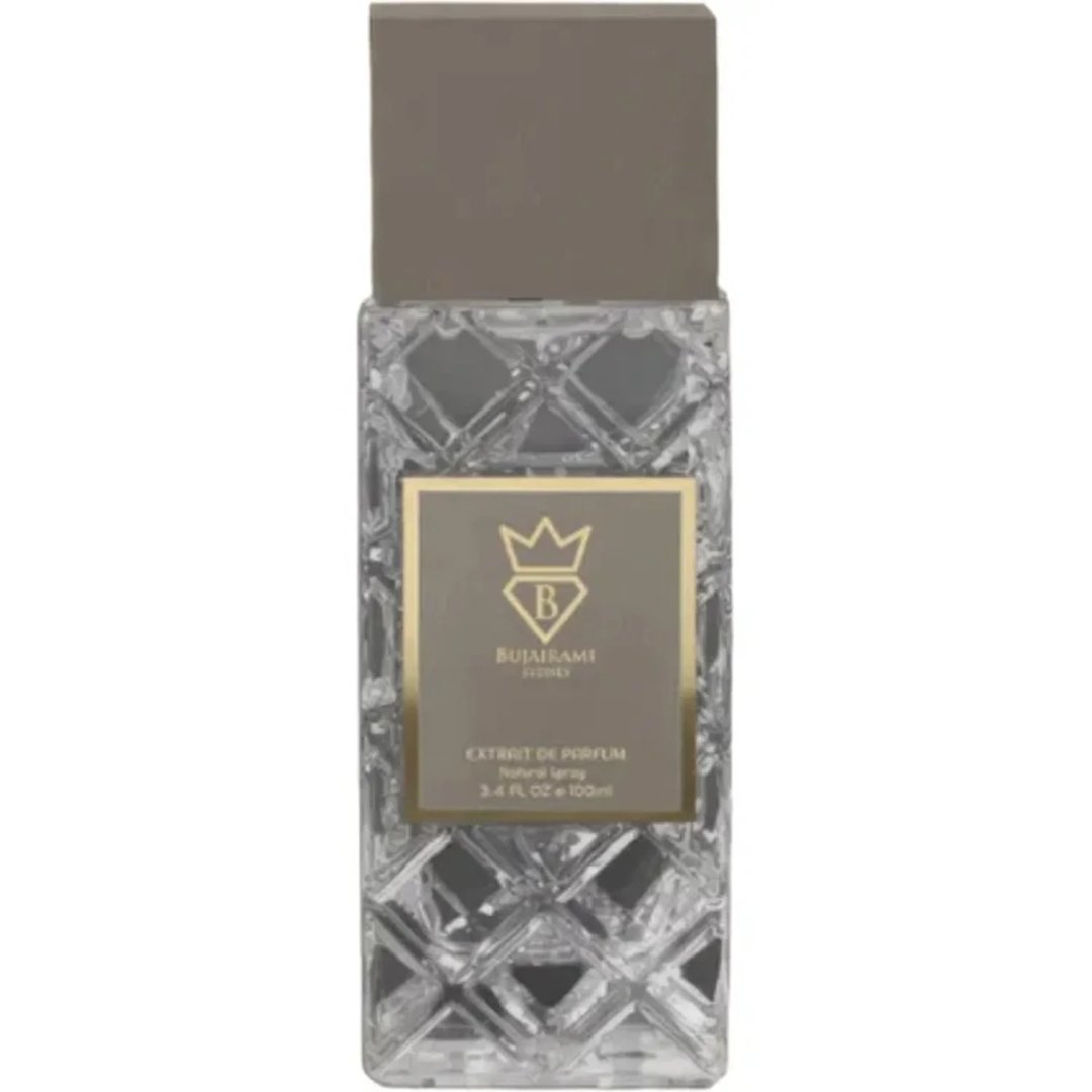 Bujairami World Power Oud Cacao Leather 100ml Extrait — Clear faceted glass bottle with a grey cap and a gold label featuring a crown and 'B' logo.