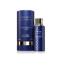 Maison Asrar Legacy by Maison Asrar 100ml EDP Unisex — Kotak silinder biru dan botol minyak wangi sepadan dengan perincian emas dan corak rumit, berlatar belakang putih.