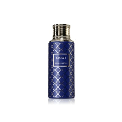 Maison Asrar Legacy by Maison Asrar 100ml EDP Unisex — Blue bottle with gold geometric pattern and ornate gold cap, centered on a white background with reflection.