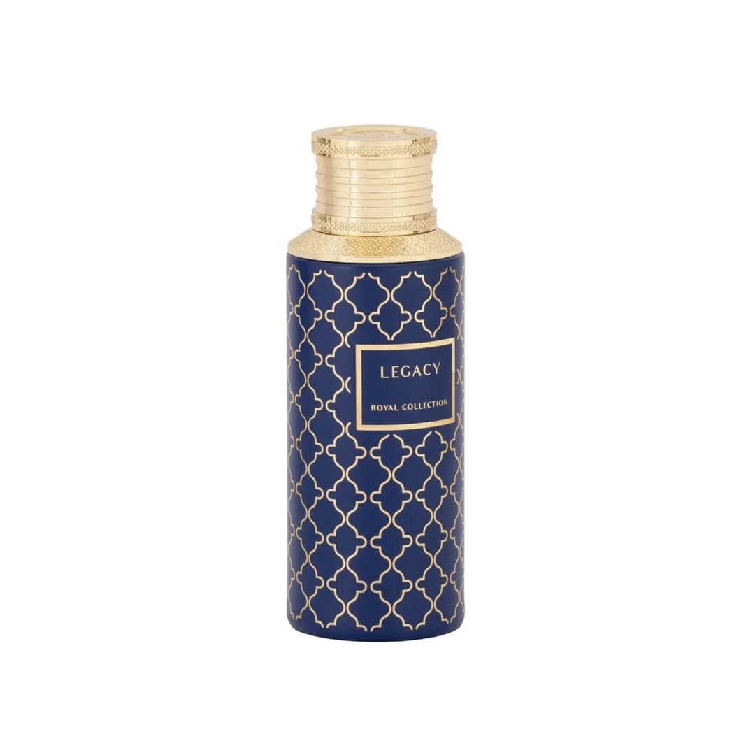Maison Asrar Legacy by Maison Asrar 100ml EDP Unisex — Botol biru dengan corak geometri emas dan penutup emas, ada label 'LEGACY' dan 'ROYAL COLLECTION'.