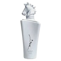 Lattafa Maahir Honor 100ml by Lattafa — A white perfume bottle with a horse head cap stands next to its white box, which features a relief of a horse head. | Lattafa Maahir Honor 100ml by Lattafa — Botol minyak wangi putih dengan penutup kepala kuda berdiri di sebelah kotak putihnya, yang menampilkan ukiran kepala