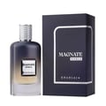 Khadlaj Magnate Noble — A dark grey gradient perfume bottle with a silver textured cap sits next to its matching dark navy box with silver trim. | Khadlaj Magnate Noble — Botol minyak wangi kelabu gradien gelap dengan penutup bertekstur perak terletak di sebelah kotak biru laut gelap yang sepadan dengan trim perak.