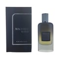 Khadlaj Magnate Noble by Khadlaj 100ml EDP — A dark grey textured box stands to the left of a clear glass perfume bottle with a gradient dark to light liquid and a grey textured cap. | Khadlaj Magnate Noble by Khadlaj 100ml EDP — Kotak kelabu gelap bertekstur berdiri di sebelah kiri botol minyak wangi kaca jernih