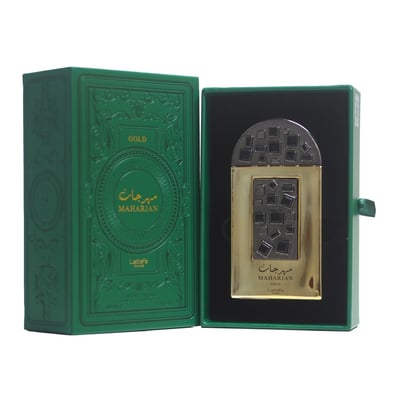 Lattafa Pride Maharjan Gold — Green embossed box open to reveal a gold perfume bottle with a decorative mosaic-like cap and front panel, set against a black interior. | Lattafa Pride Maharjan Gold — Kotak hijau bertekan untuk mendedahkan botol minyak wangi emas dengan penutup dan panel hadapan seperti mozek hiasan
