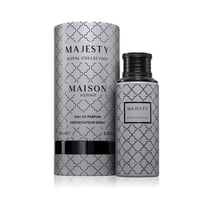 Maison Asrar Majesty by Maison Asrar 100ml EDP Unisex — Kotak silinder dan botol minyak wangi bercorak perak dan hitam, penutup hitam.