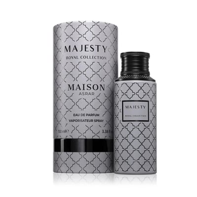 Maison Asrar Majesty by Maison Asrar 100ml EDP Unisex — Cylindrical box and perfume bottle with ornate silver and black pattern, black cap.