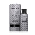Maison Asrar Majesty by Maison Asrar 100ml EDP Unisex — Kotak silinder dan botol minyak wangi bercorak perak dan hitam, penutup hitam.