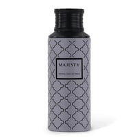 Majesty by Maison Asrar 100ml EDP Unisex — Botol kelabu corak geometri berulang, penutup hitam bertekstur, label hitam 'MAJESTY' dan 'ROYAL COLLECTION'.