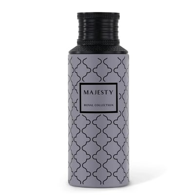 Majesty by Maison Asrar 100ml EDP Unisex — Grey bottle with a repeating geometric pattern and a black textured cap, featuring a black label with 'MAJESTY' and 'ROYAL COLLECTION'.