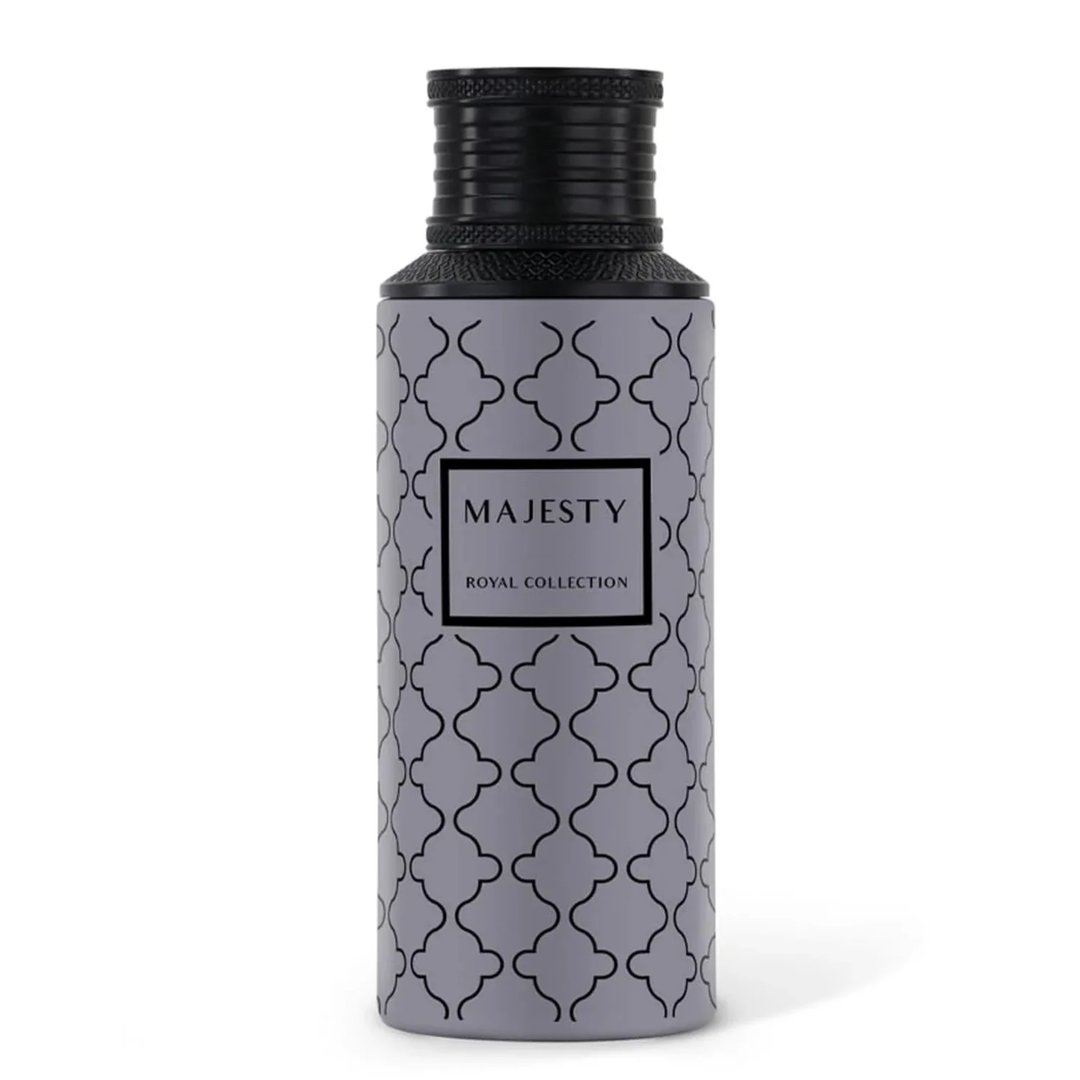 Majesty by Maison Asrar 100ml EDP Unisex — Botol kelabu corak geometri berulang, penutup hitam bertekstur, label hitam 'MAJESTY' dan 'ROYAL COLLECTION'.