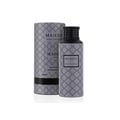 Maison Asrar Majesty by Maison Asrar 100ml EDP Unisex — Kotak silinder corak kelabu dan botol minyak wangi kelabu corak sama dengan penutup hitam, di latar belakang putih.