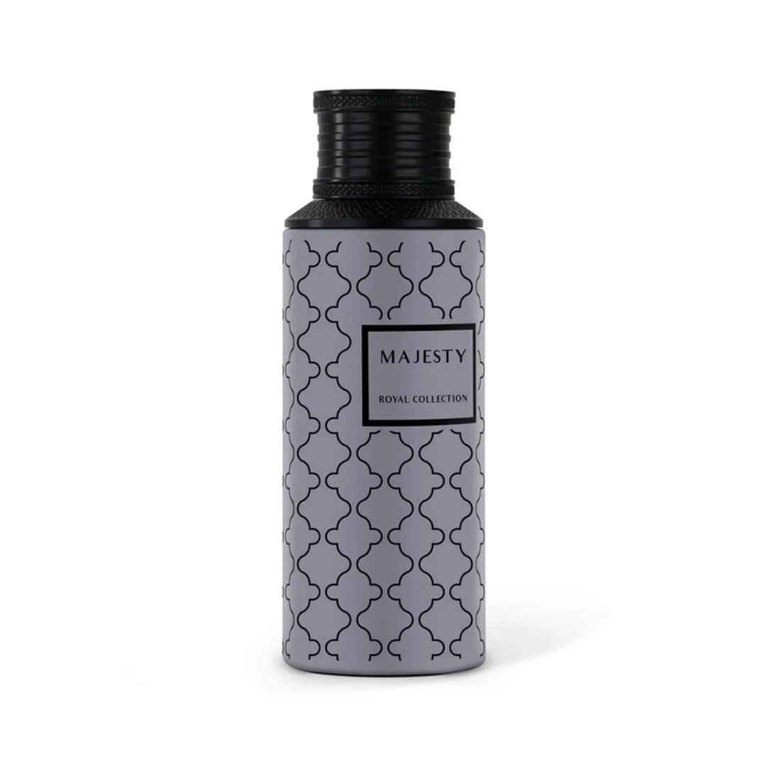 Maison Asrar Majesty by Maison Asrar 100ml EDP Unisex — Botol minyak wangi kelabu dengan penutup hitam bercorak dan corak geometri pada botol.