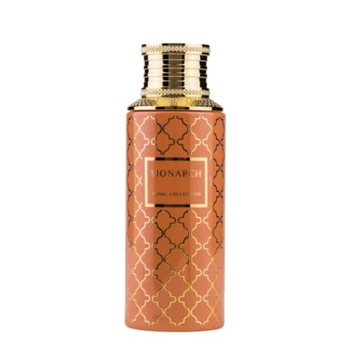 Maison Asrar Monarch by Maison Asrar 100ml EDP Unisex — Orange bottle with gold geometric pattern and gold fluted cap, featuring a white label with 'MONARCH' and 'ROYAL COLLECTION'