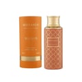 Maison Asrar Monarch by Maison Asrar 100ml EDP Unisex — Kotak silinder oren dan botol minyak wangi tinggi ramping berona coklat dengan corak emas dan penutup emas, dipaparkan bersebelahan di latar belakang putih.
