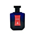 Maison Alhambra Moondrift Blue Intense — A blue glass perfume bottle with a red label featuring gold text and a deer logo, against a white background. | Maison Alhambra Moondrift Blue Intense — Botol kaca biru dengan label merah menampilkan teks emas dan logo rusa, berlatar belakang putih.