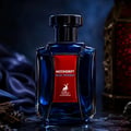 Maison Alhambra Moondrift Blue Intense — A blue glass perfume bottle with a red label featuring a deer logo and text, set against a dark, moody background with draped fabric and a decorative lantern. | Maison Alhambra Moondrift Blue Intense — Botol kaca biru dengan label merah menampilkan logo rusa dan teks, berlatar