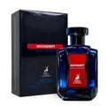 Maison Alhambra Moondrift Blue Intense 100ml — A blue glass perfume bottle with a red label and a matching blue box with a red label, displayed on a white background. | Maison Alhambra Moondrift Blue Intense 100ml — Botol kaca biru dengan label merah dan kotak biru sepadan dengan label merah, dipaparkan pada latar
