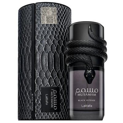 Lattafa Musamam Black Intense 100ml by Lattafa — Black perfume bottle with a black snake coiled around the neck, next to a textured black cylindrical box with a QR code sticker. | Lattafa Musamam Black Intense 100ml by Lattafa — Botol minyak wangi hitam dengan ular hitam melilit lehernya, bersebelahan dengan kotak