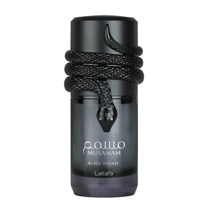 Lattafa Musamam Black Intense 100ml by Lattafa — Black perfume bottle with a black snake coiled around the neck, next to a textured black cylindrical box with a QR code sticker. | Lattafa Musamam Black Intense 100ml by Lattafa — Botol minyak wangi hitam dengan ular hitam melilit lehernya, bersebelahan dengan kotak
