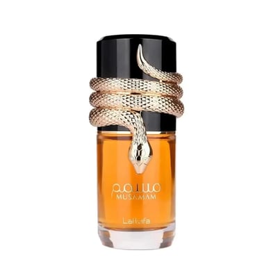Lattafa Musamam Eau De Parfum 100ml by Lattafa — A cylindrical brown snakeskin-textured box stands next to a clear glass perfume bottle with amber liquid, wrapped in a gold snake figurine. | Lattafa Musamam Eau De Parfum 100ml by Lattafa — Kotak silinder bertekstur kulit ular berwarna coklat berdiri di sebelah botol