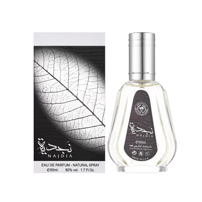 Ard Al Zaafaran Najdia 50ml EDP — Perfume bottle with silver cap and clear glass, next to its white box featuring a detailed black and white leaf illustration.