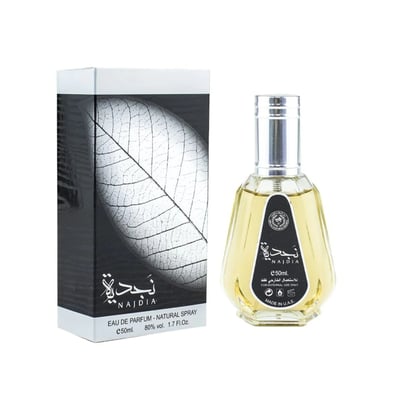 Ard Al Zaafaran Najdia 50ml EDP — A bottle of golden perfume with a silver cap next to its black and white box featuring a large leaf skeleton.