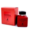 Maison Alhambra Narissa Ruby (Rouge) — A red perfume bottle and its matching red box are displayed against a white background. The box is on the left, and the bottle is on the right. | Maison Alhambra Narissa Ruby (Rouge) — Sebotol minyak wangi merah dan kotaknya yang sepadan dipaparkan berlatarkan putih. Kotak berada