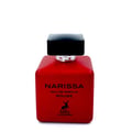 Maison Alhambra Narissa Ruby (Rouge) — A red square perfume bottle with a black cap and gold accents, featuring the brand logo of a deer and text. | Maison Alhambra Narissa Ruby (Rouge) — Botol minyak wangi merah berbentuk segi empat dengan penutup hitam dan perincian emas, menampilkan logo jenama rusa dan teks.