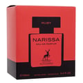 Maison Alhambra Narissa Ruby Eau de Parfum — A red and black perfume box with a textured pattern on the red part. The black section features the brand name "MAISON ALHAMBRA" and a deer silhouette. | Maison Alhambra Narissa Ruby Eau de Parfum — Kotak pewangi merah dan hitam dengan corak bertekstur pada bahagian merah.