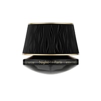 Maison Asrar Night In Paris by Maison Asrar 90ml EDP Unisex — Black textured lamp-shaped cap with gold trim, on a black oval bottle with gold text 'Night In Paris EAU DE PARFUM e 90ml 3.06FLOZ'