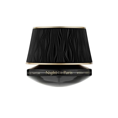 Maison Asrar Night In Paris by Maison Asrar 90ml EDP Unisex — Black textured lamp-shaped cap with gold trim, on a black oval bottle with gold text 'Night In Paris EAU DE PARFUM e 90ml 3.06FLOZ'