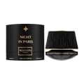 Maison Asrar Night In Paris — Kotak silinder hitam dengan bintang emas dan tulisan, bersebelahan botol minyak wangi terbuka dengan penutup hitam bertekstur dan rim emas.