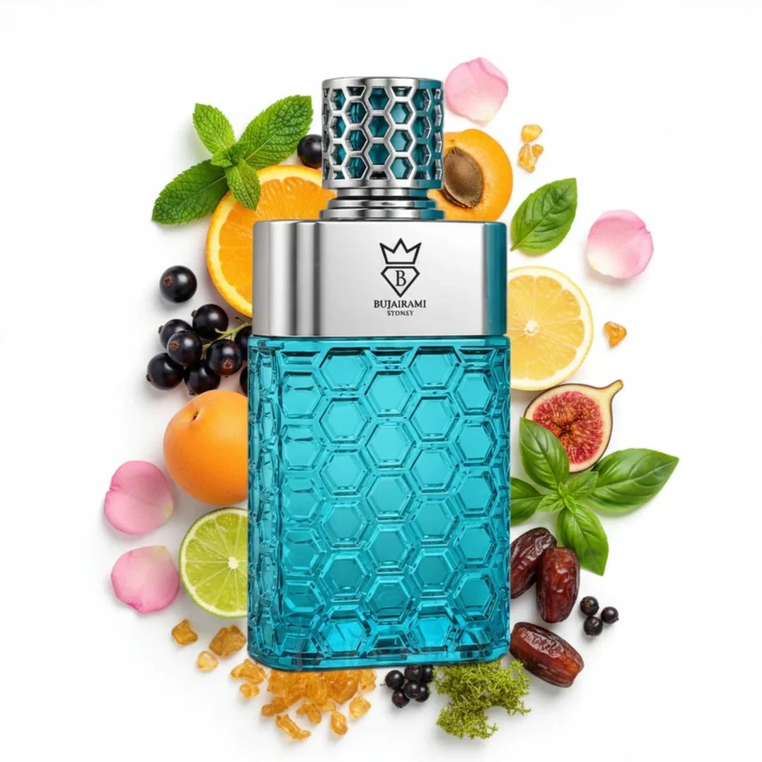 Bujairami No Limit by Bujairami 100ml EDP Unisex — A blue honeycomb patterned perfume bottle surrounded by fresh fruits like orange, lemon, apricot, lime, fig, berries, dates, mint, basil, rose petals, and amber crystals | Bujairami No Limit by Bujairami 100ml EDP Unisex — Botol minyak wangi biru bercorak sarang lebah