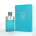 Bujairami No Limit by Bujairami 100ml EDP Unisex — A turquoise hexagonal patterned glass perfume bottle with a silver honeycomb cap sits next to a matching turquoise box with a silver diamond and crown logo. | Bujairami No Limit by Bujairami 100ml EDP Unisex — Botol minyak wangi kaca bermotif heksagon pirus dengan
