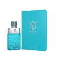 Bujairami No Limit by Bujairami 100ml EDP Unisex — A turquoise hexagonal patterned glass perfume bottle with a silver cap sits next to its matching turquoise box, both featuring a crown and 'B' logo. | Bujairami No Limit by Bujairami 100ml EDP Unisex — Botol minyak wangi kaca bermotif heksagon pirus duduk bersebelahan