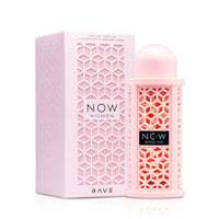 Rave Now Women Rave Perfumes 100ml — Kotak corak merah jambu dan botol geometri merah jambu dengan cecair oren di dalamnya, berlatar belakang putih.