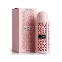 Rave Now Women Rave Perfumes 100ml — Kotak dan botol minyak wangi bercorak geometri merah jambu dengan rekaan jaring hiasan, di atas latar putih.
