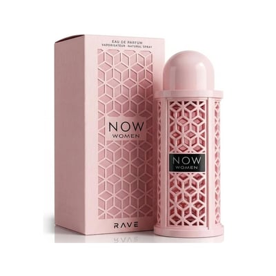 Rave Now Women Rave Perfumes 100ml — Pink geometric patterned perfume box and bottle with a decorative lattice design, set against a white background.