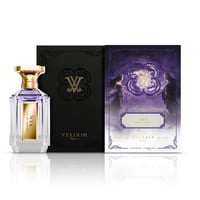 Velixir Nyx Velixir Parfums 100ml for Unisex — A clear glass perfume bottle with a gold cap and purple liquid, next to its black and purple illustrated boxes. | Velixir Nyx Velixir Parfums 100ml for Unisex — Botol minyak wangi kaca jernih bertudung emas dan cecair ungu, bersebelahan kotak bergambarnya yang hitam dan