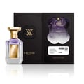 Velixir Nyx Eau de Parfum — A clear glass perfume bottle with a gold cap and purple liquid, standing next to its black and gold patterned box with ornate details. | Velixir Nyx Eau de Parfum — Botol kaca jernih dengan penutup emas dan cecair ungu, berdiri di sebelah kotak bercorak hitam dan emasnya dengan perincian