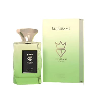 Bujairami Oasis by Bujairami 100ml EDP Unisex — Green gradient glass perfume bottle with gold cap and black label, next to its matching green gradient box with crown logo.