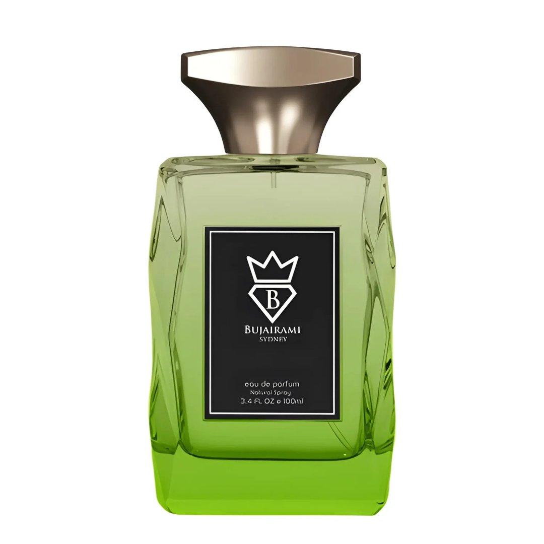 Bujairami Oasis by Bujairami 100ml EDP Unisex — Green glass perfume bottle with a gold cap and a black label featuring a crown and diamond logo.